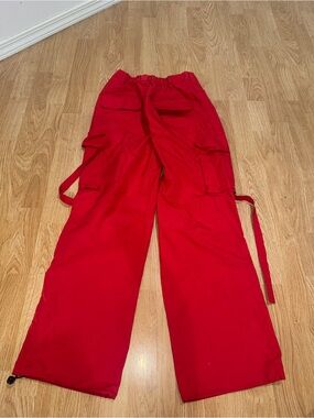 SHEIN Red Wide-Leg Cargo Trousers with Utility Straps